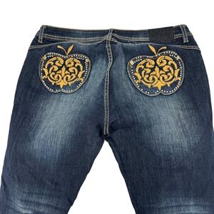 Y2K Apple Bottoms‎ Jeans Womens 13/14 Blue Dark Wash Rhinestone Apple Pocket